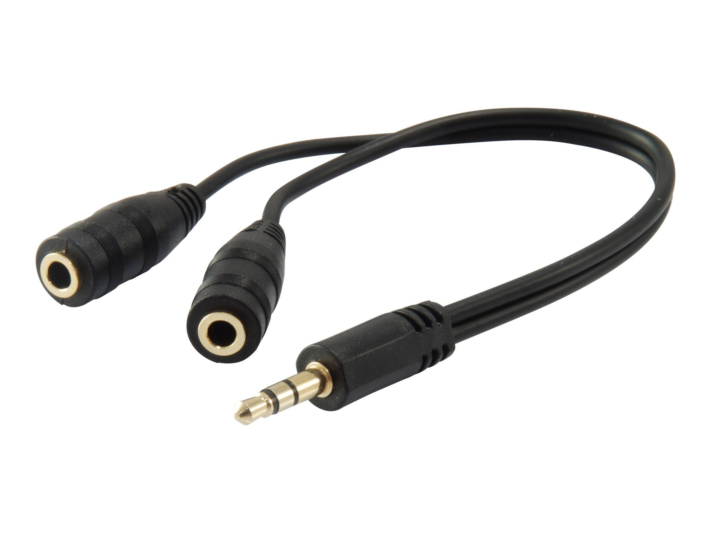 Audio-Splitter-Kabel mit einem 3,5-mm-Stecker und zwei weiblichen Kopfhörerbuchsen auf weißem Hintergrund