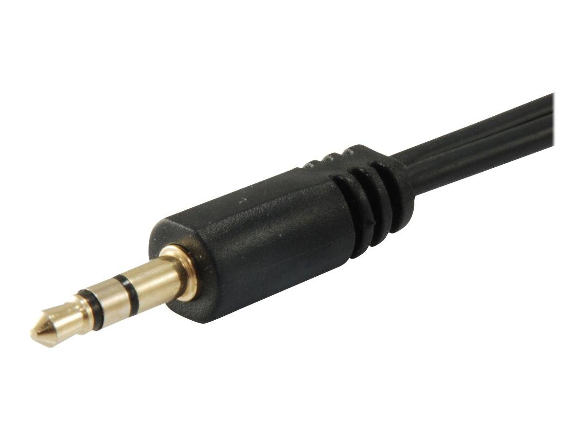 Nahaufnahme eines schwarzen 3,5-mm-Audiokabels mit goldenem Stecker auf weißem Hintergrund.