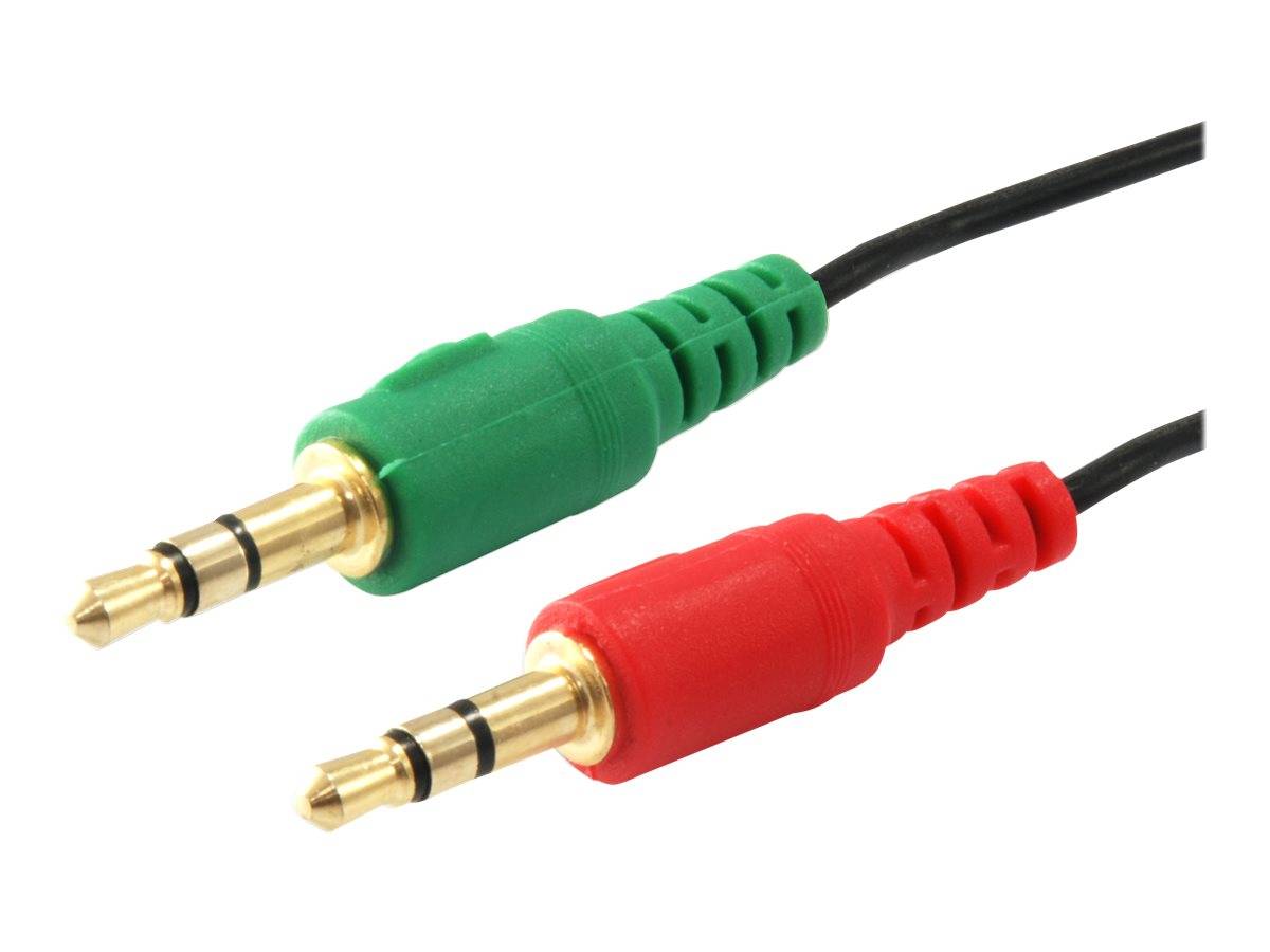 Zwei 3,5-mm-Audiostecker auf schwarzen Kabeln, einer grün und einer rot, auf weißem Hintergrund gezeigt.