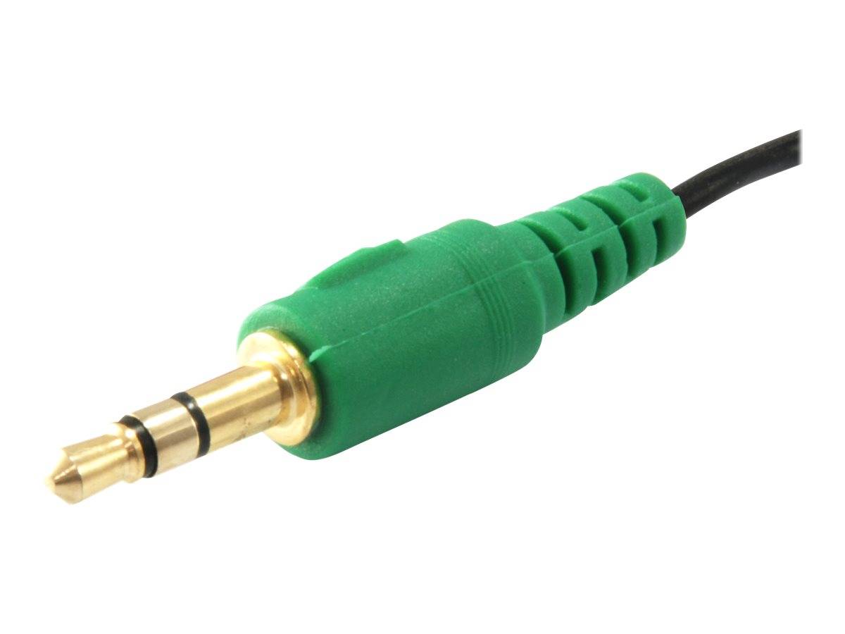 Grüner 3,5-mm-Audiostecker auf schwarzem Kabel, freigestellt auf weißem Hintergrund.