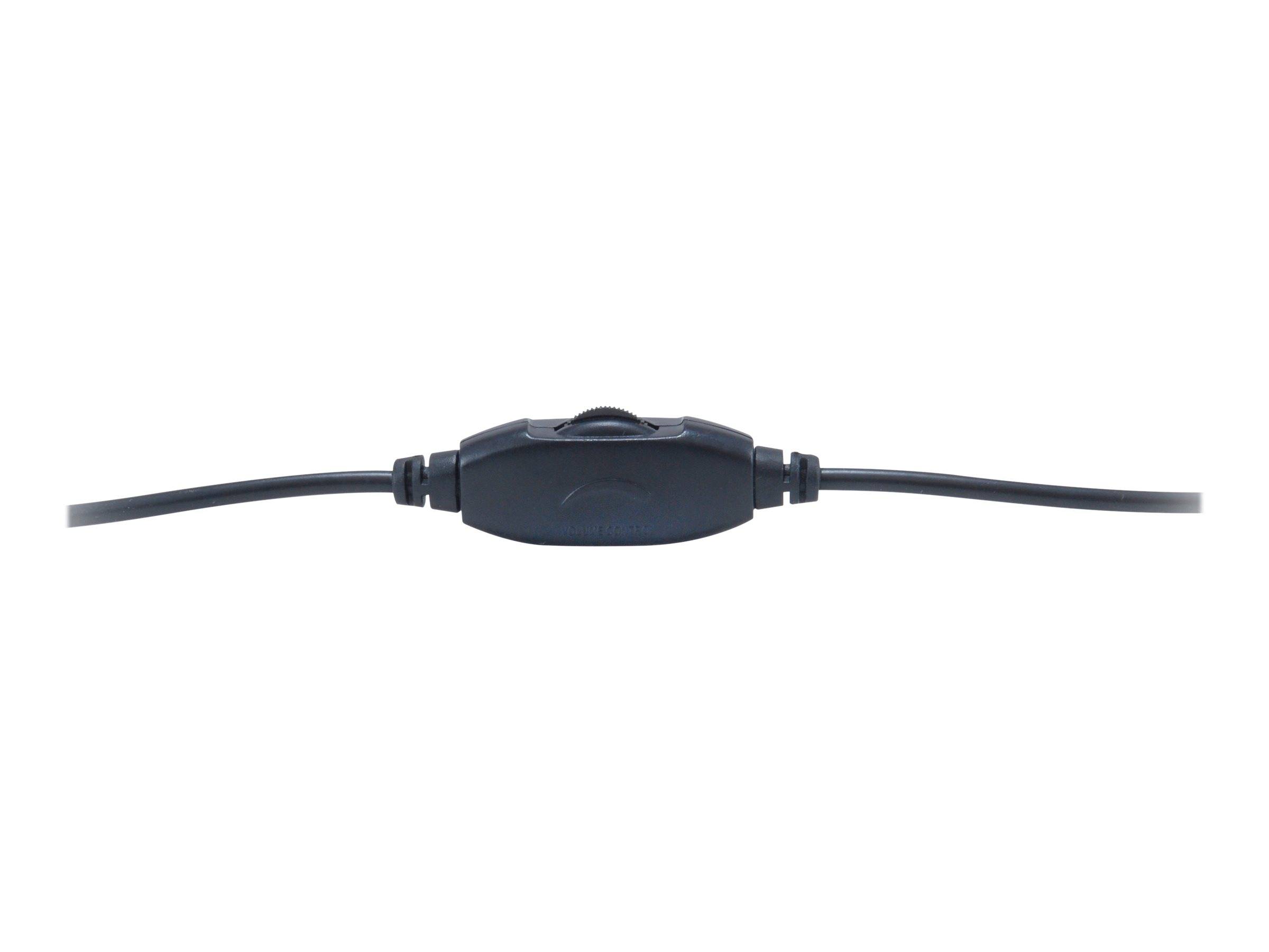 Schwarzer Inline-Kabelschalter mit zentraler Positionierung auf einem Kabel vor weißem Hintergrund.