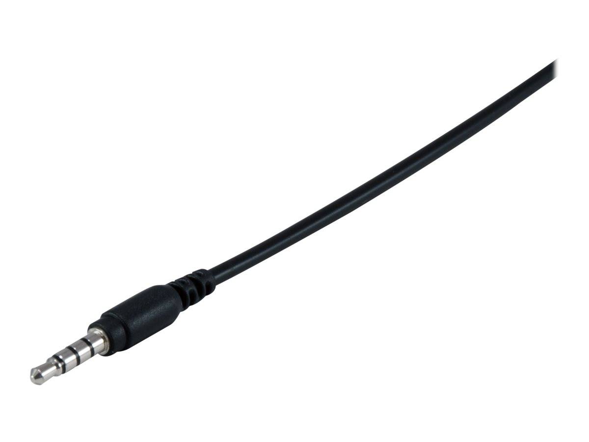 Schwarzes 3,5-mm-Audiokabel mit einem einzelnen männlichen Stecker auf weißem Hintergrund.