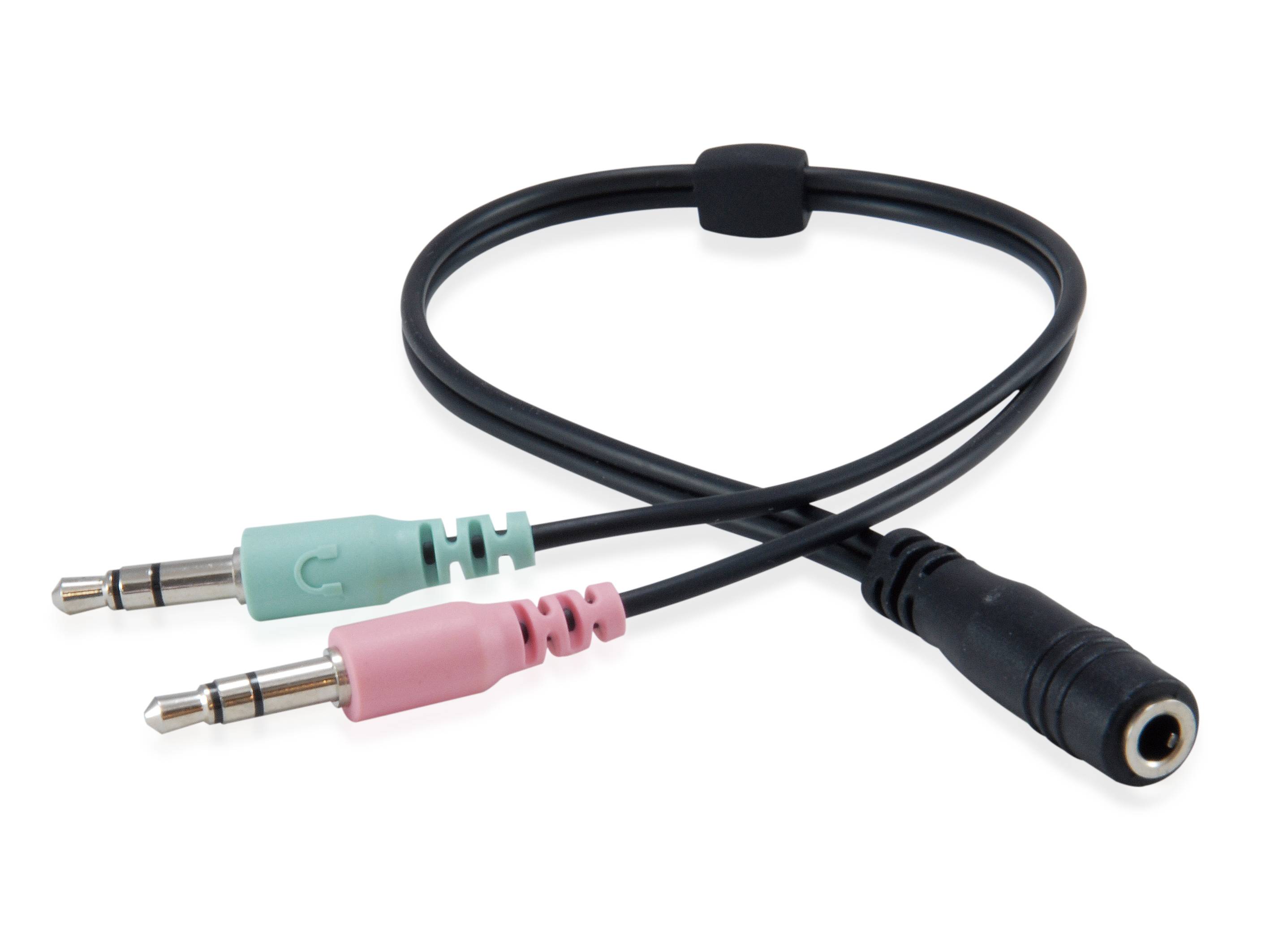 Schwarzes Audio-Splitterkabel mit zwei 3,5-mm-Steckern, einer rosa und einer grün, und einem Buchsenadapter