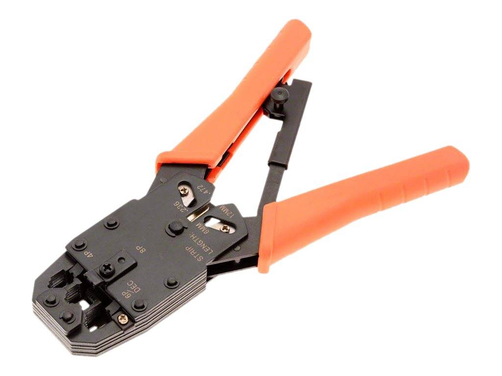Crimpwerkzeug mit orangenem Griff und schwarzen Metallbacken, auf weißem Hintergrund dargestellt.
