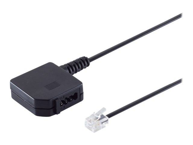 Schwarzes Telefon-Adapterkabel mit einer größeren modularen Buchse an einem Ende und einem kleineren transparenten Stecker am anderen Ende.