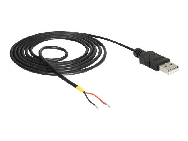 Aufgerolltes schwarzes USB-Kabel mit einem Standard-USB-A-Stecker und freiliegenden roten und schwarzen Drahtenden zum Anschließen oder Versorgen eines Geräts.