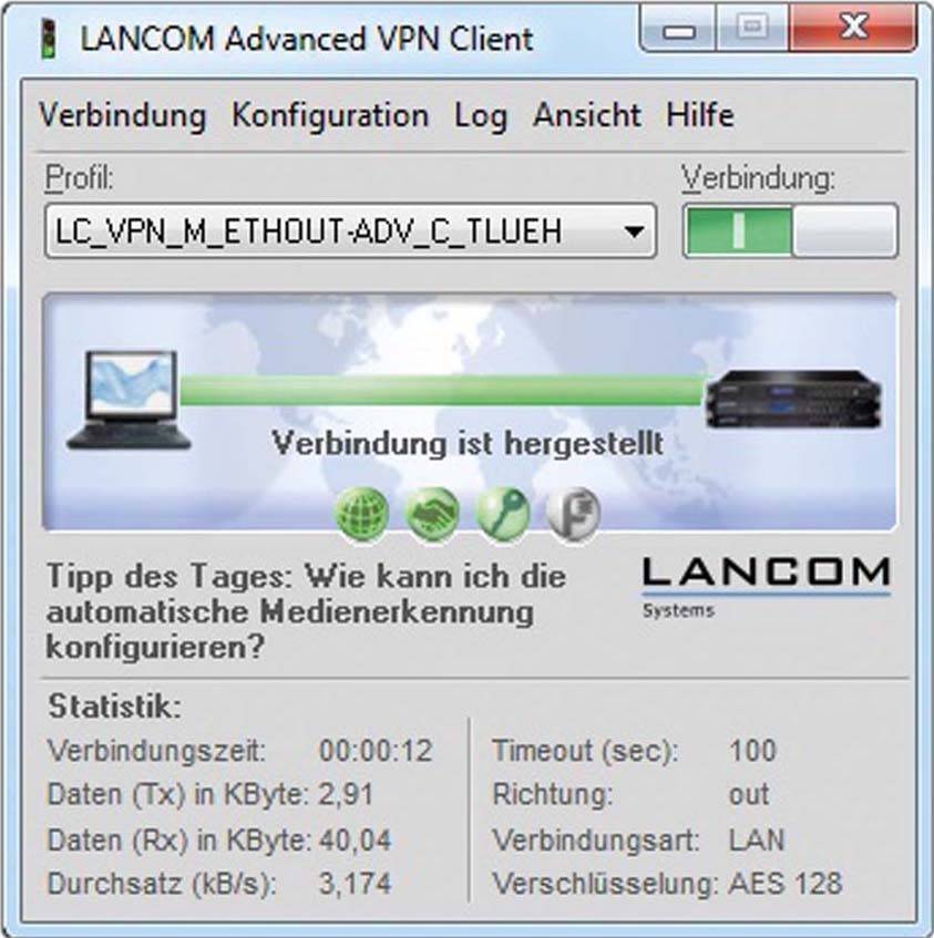 Das Bild zeigt ein Softwareanwendungsfenster mit dem Titel „LANCOM Advanced VPN Client