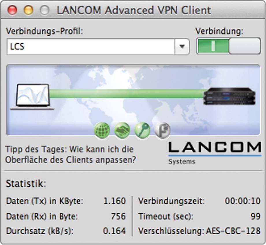Ein Computerbildschirm, der die LANCOM Advanced VPN Client-Benutzeroberfläche zeigt, mit Verbindungsstatus, Bandbreitennutzung und Verschlüsselungsdetails.