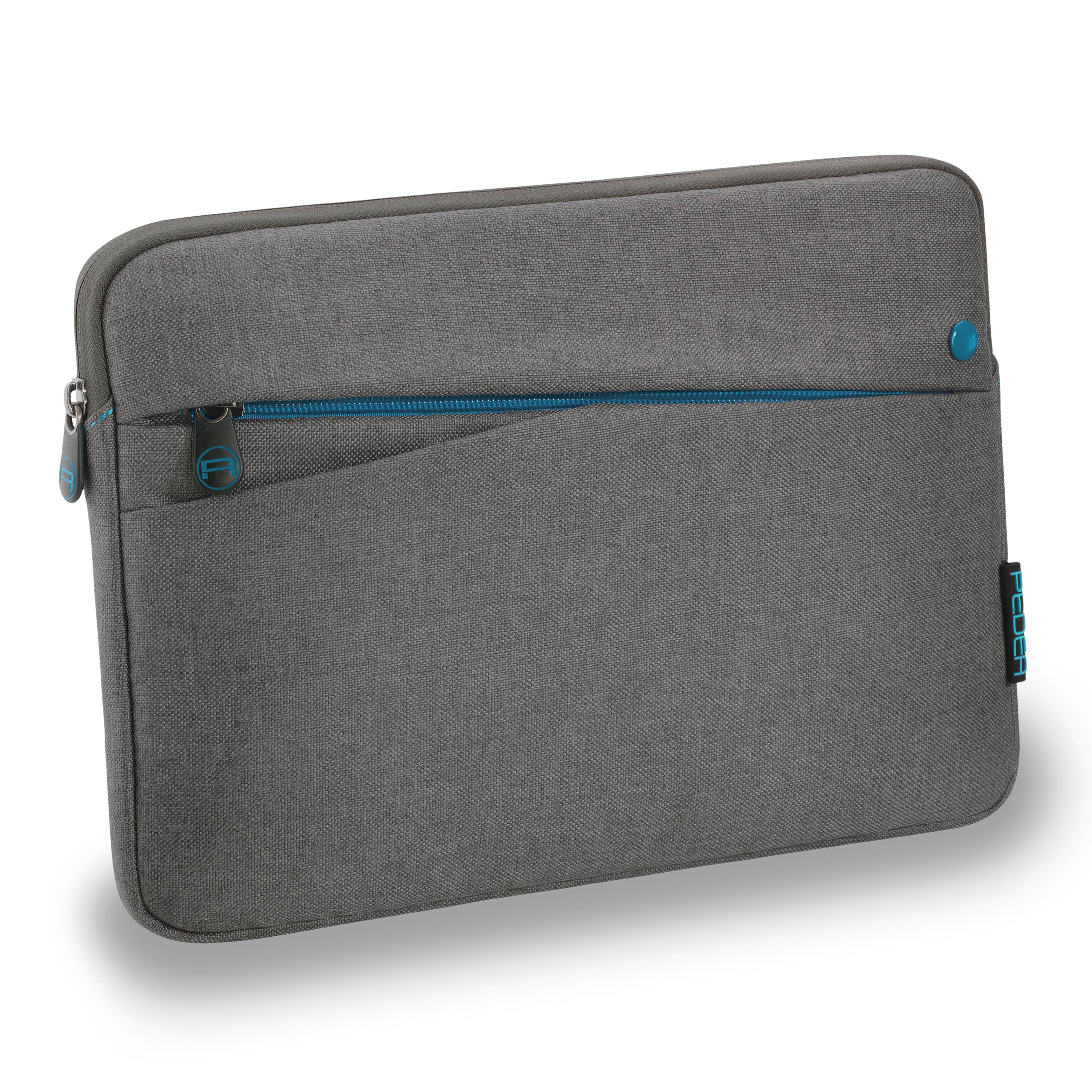 Graue Laptop-Schutzhülle mit einer vorderen Reißverschlusstasche und blauer Reißverschlussborte, gezeigt auf weißem Hintergrund.