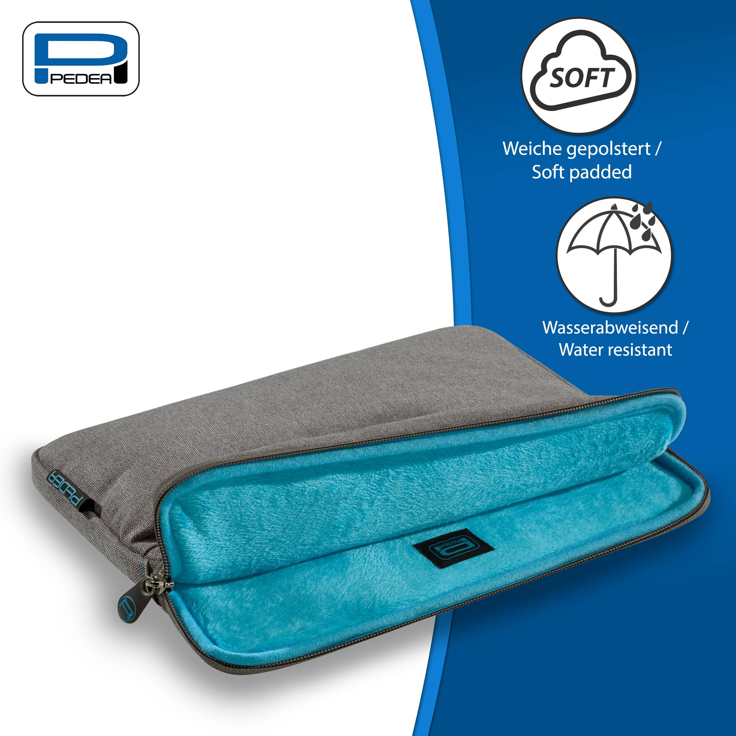 Blau-graue gepolsterte Laptop-Tasche oder -Hülle, offen gezeigt, mit Symbolen, die besagen „Weich gepolstert