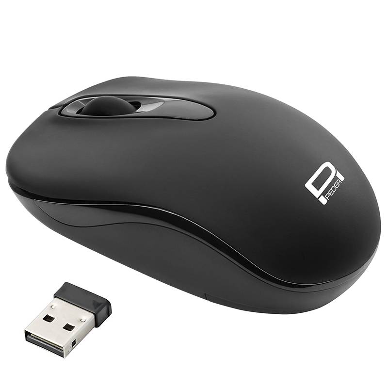 Schwarze kabellose Computermaus mit USB-Empfänger-Dongle auf weißem Hintergrund.