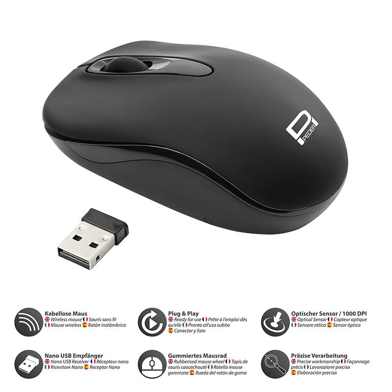 Schwarze kabellose Computermaus mit USB-Empfänger und Funktionssymbolen, die Plug-and-Play, optischen Sensor mit 1000 DPI und geräuslose Klicks zeigen.