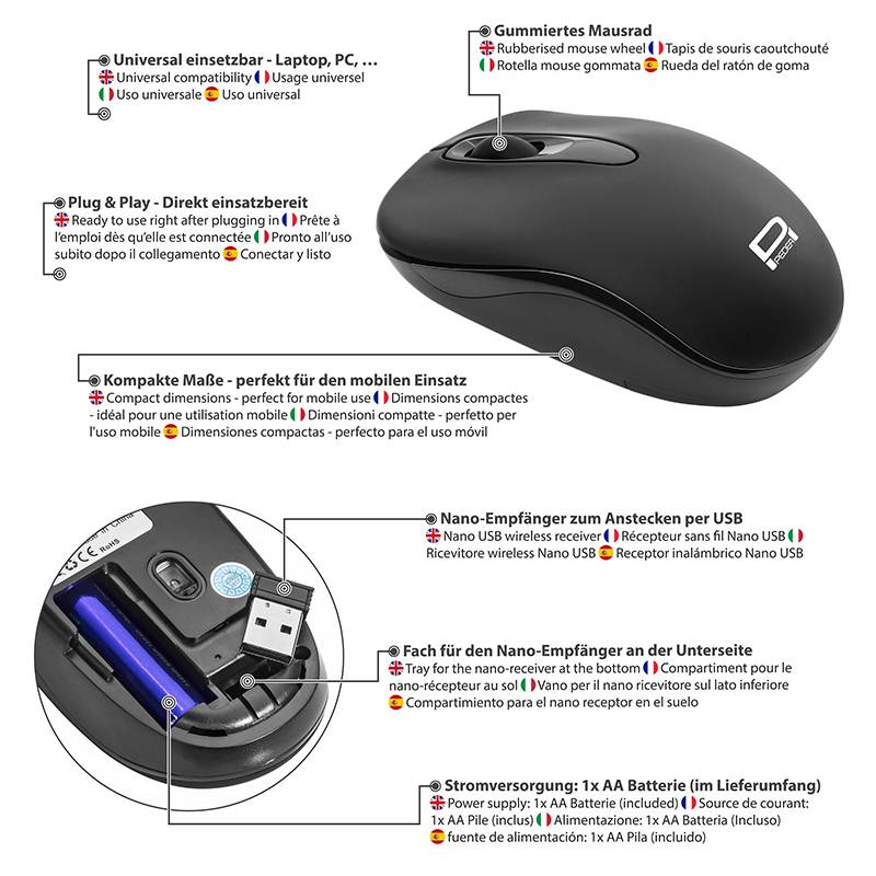 Kommentiertes Bild einer schwarzen kabellosen Maus mit Hervorhebung der universellen Verwendung, Plug-and-Play-Funktion, kompakter Größe, USB-Nano-Empfänger-Speicherung und Lebensdauer einer AA-Batterie.