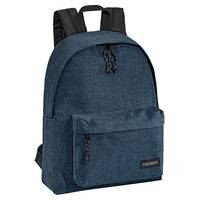 Blauer Rucksack im Denim-Stil mit schwarzen Schultergurten und einer vorderen Reißverschlusstasche, isoliert auf weißem Hintergrund dargestellt.