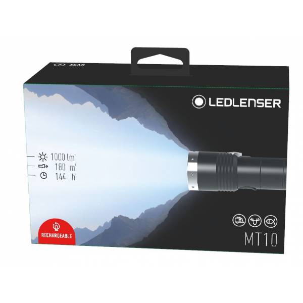 Verpackung einer LED-Taschenlampe mit der Bezeichnung 'LEDLENSER MT10', zeigt Strahlendarstellung und Eigenschaften 1000 Lumen, 180 Meter Reichweite, 144 Stunden Batterielaufzeit.