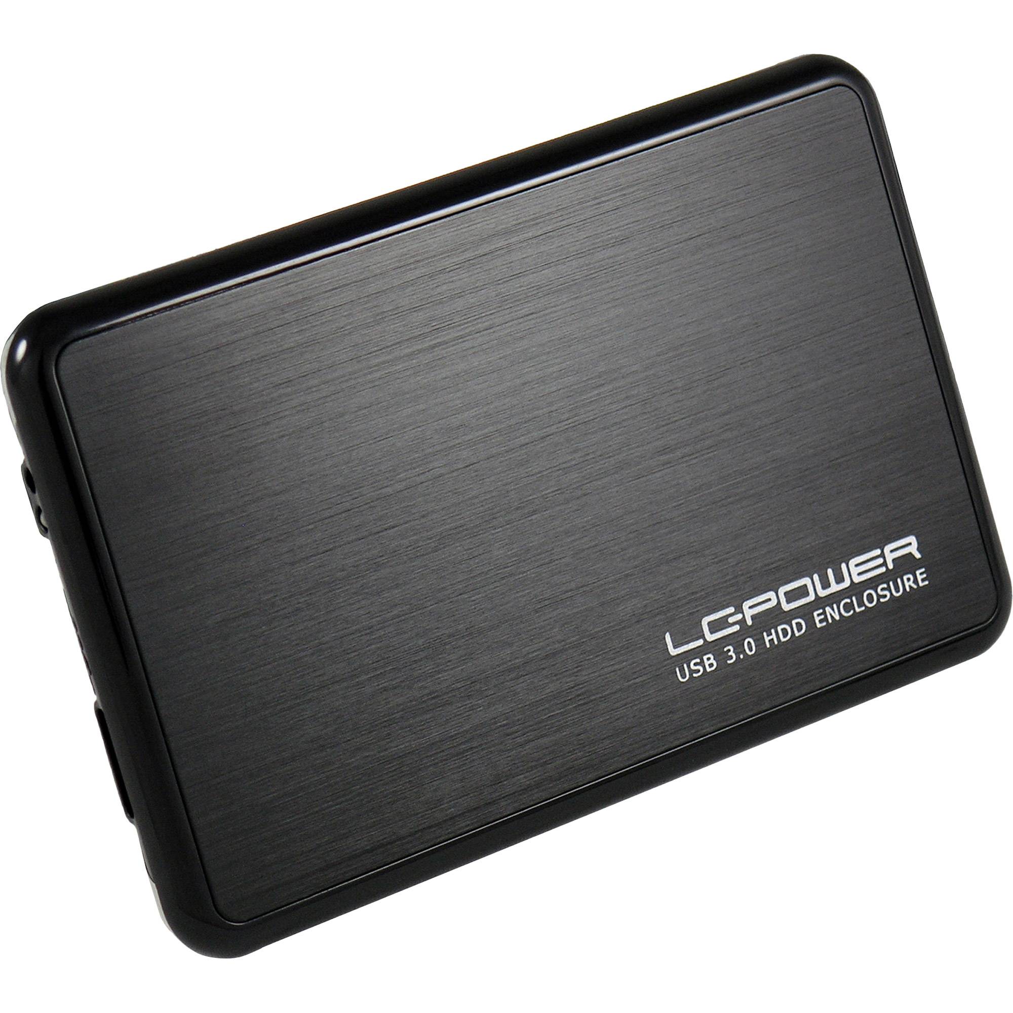 Schwarzes gebürstetes Metallgehäuse für externe Festplatte mit der Beschriftung „C-POWER USB 3.0 HDD ENCLOSURE