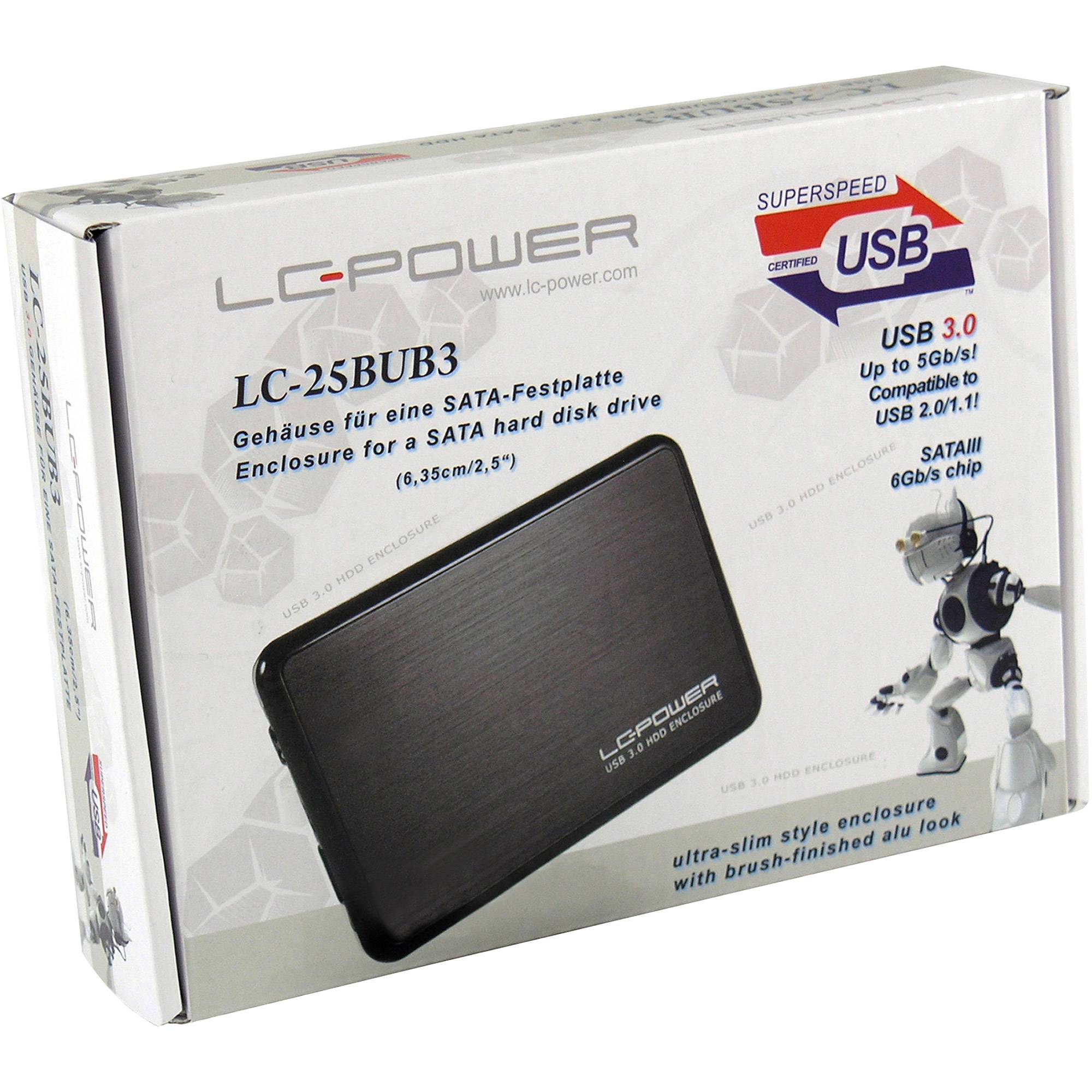 LC-POWER LC-25BUB3 USB 3.0 Gehäuse für eine 3,5-Zoll-SATA-Festplatte, abgebildet mit Produktfoto und Geschwindigkeitskompatibilitätsangaben.