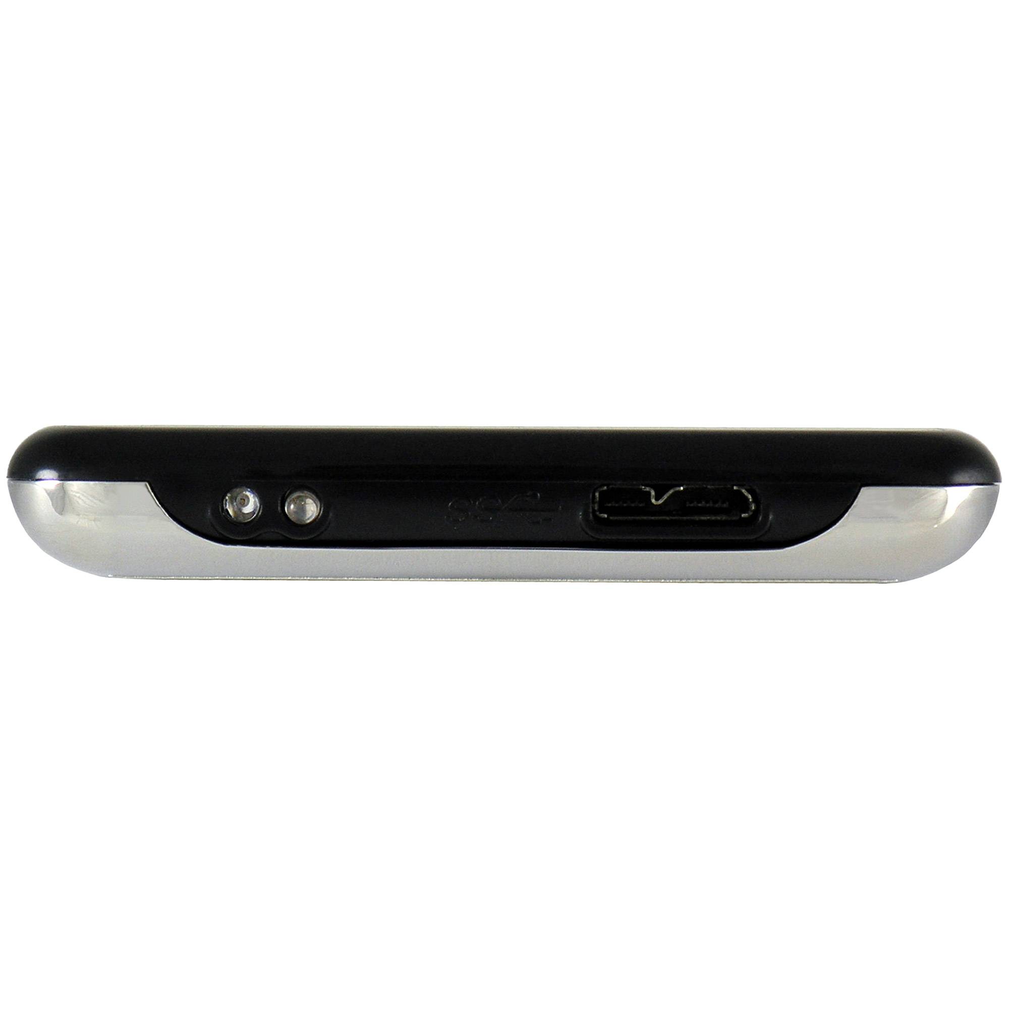 Seitenansicht eines kleinen schwarz-silbernen elektronischen Geräts mit einem USB-Anschluss und zwei Anzeigelichtern.