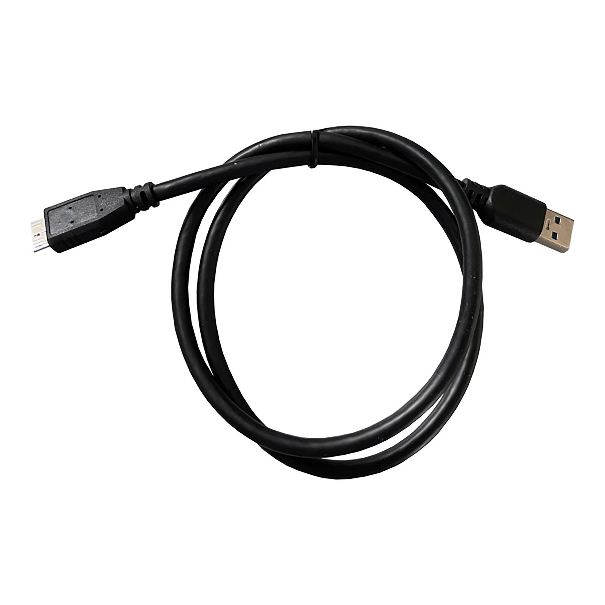 Schwarzes USB-Kabel mit einem Standard-USB-A-Anschluss auf der einen Seite und einem kleineren Geräteanschluss auf der anderen Seite, aufgerollt auf weißem Hintergrund