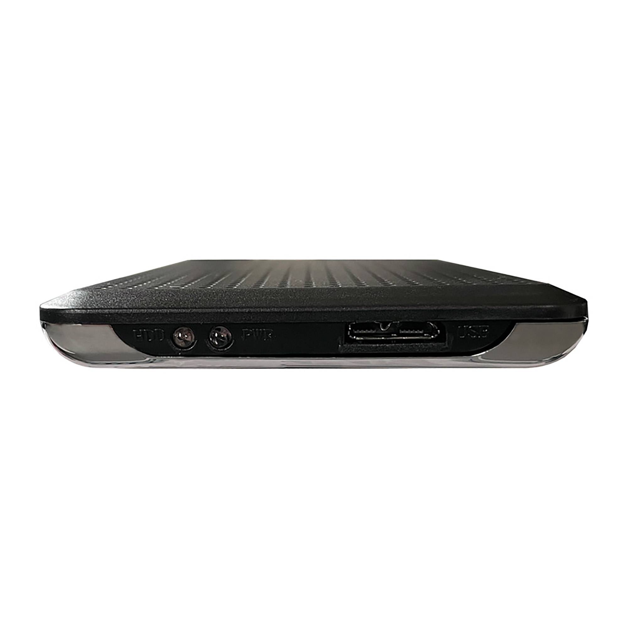 Vorderansicht einer schwarzen Set-Top-Box oder eines Media-Players mit USB- und Audioanschlüssen auf der Frontblende vor weißem Hintergrund