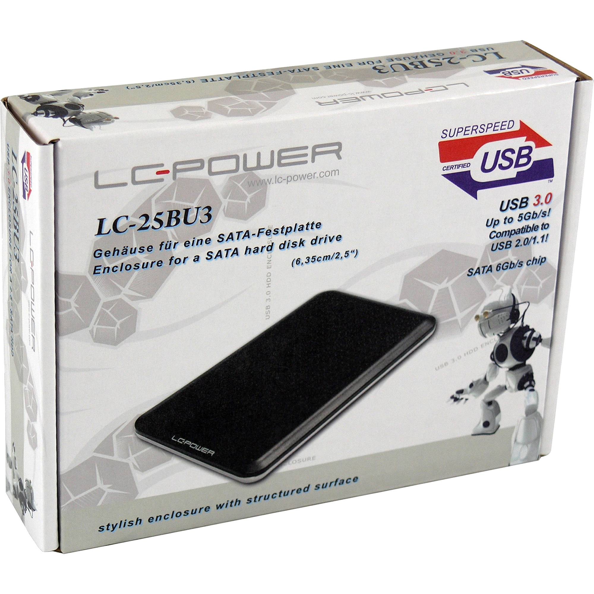 LC-Power LC-25BU3 USB 3.0 SATA-Festplattengehäuse, zeigt ein schwarzes 2,5-Zoll-Laufwerksgehäuse und Produktspezifikationen.
