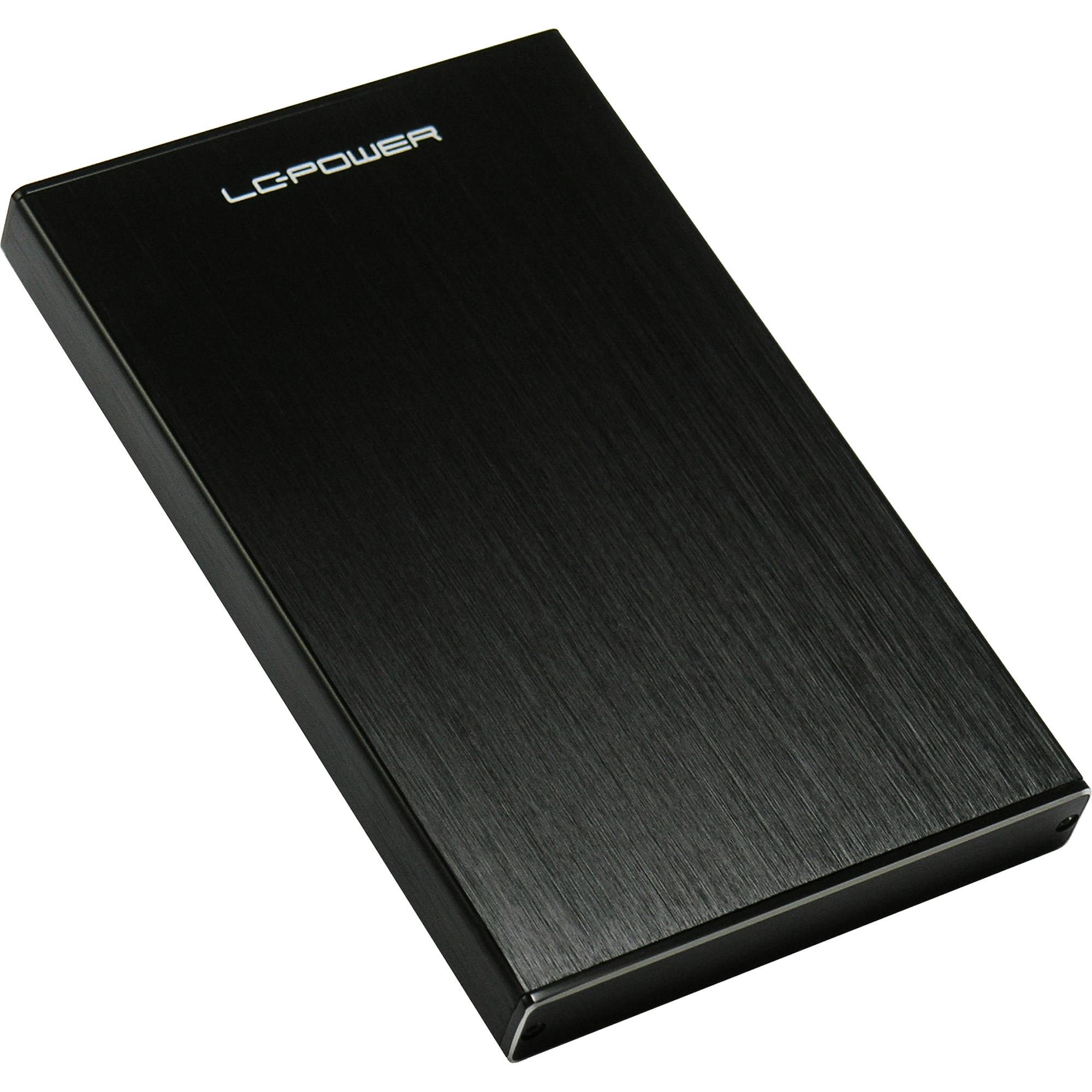 Schwarzes LCPOWER externes Festplattengehäuse mit gebürsteter Metalloberfläche, angewinkelt auf weißem Hintergrund dargestellt.
