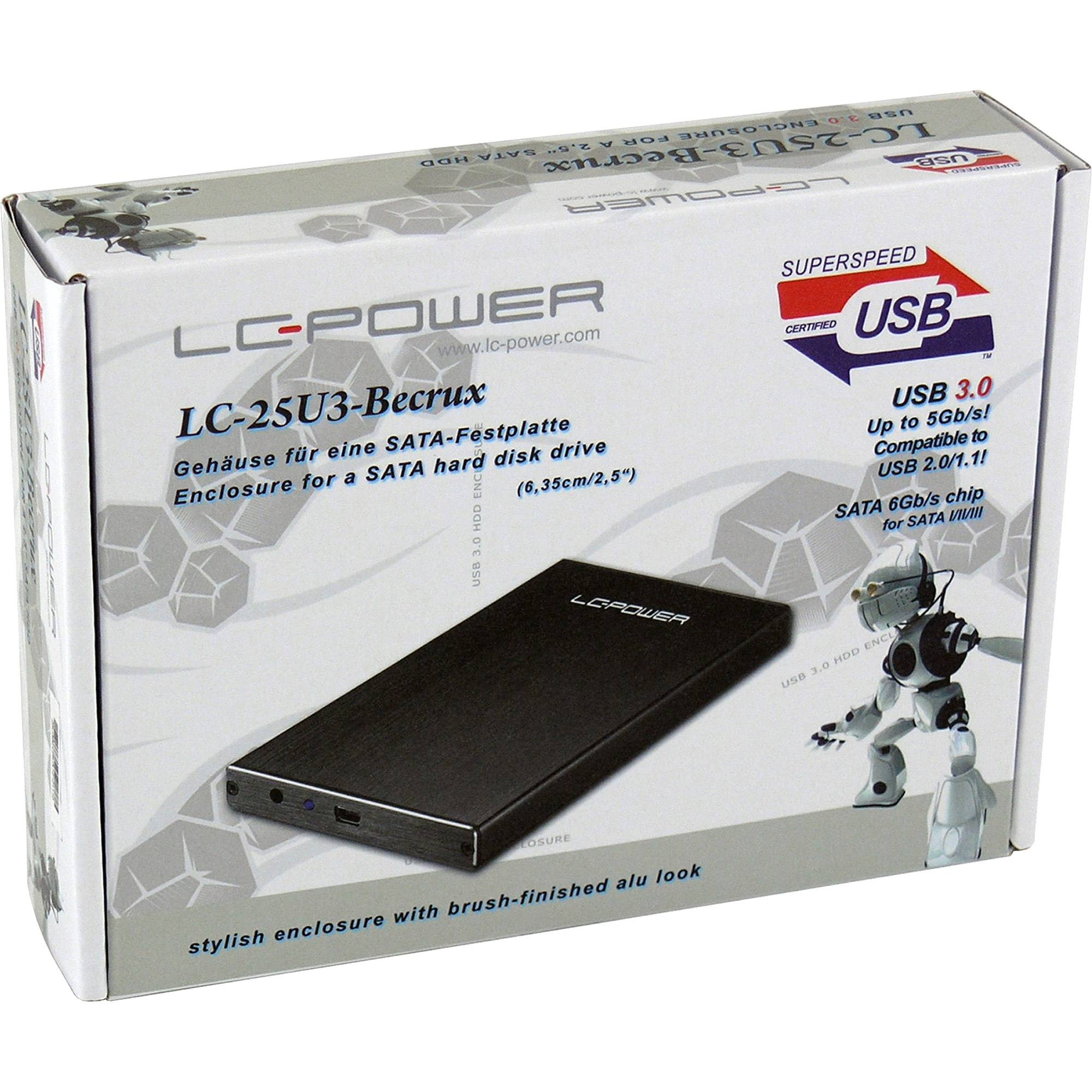 Verpackte LC-Power LC-25U3-Bcrux USB 3.0-Gehäuse für eine SATA-Festplatte mit Darstellung des Produkts und der Verpackung