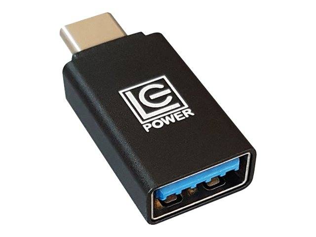 USB-C zu USB-A Adapter mit schwarzem Gehäuse und blauem USB-A Anschluss, auf der Oberseite mit „C POWER