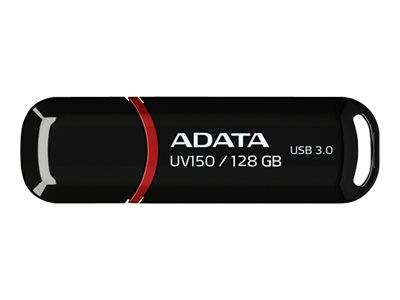 Schwarzes ADATA UV150 128-GB-USB-3.0-Laufwerk mit rotem Akzent und Schlüssellochring, gezeigt auf weißem Hintergrund.