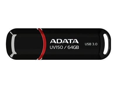 Schwarzes ADATA UV150 64GB USB 3.0 Speicherlaufwerk mit rotem Akzent und Schlüsselanhänger-Slot, gezeigt auf weißem Hintergrund.