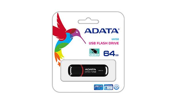 ADATA UV150 64GB USB-Speicherstick in Einzelhandels-Blisterverpackung mit farbenfrohem Vogelmotiv.