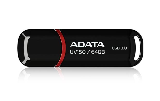 Schwarzes ADATA UV150 64GB USB 3.0 Flash-Laufwerk mit rotem Akzent und Schlüsselringschlitz, gezeigt auf weißem Hintergrund.