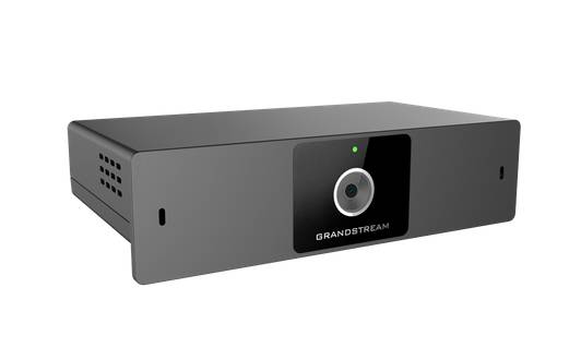 Grauer Grandstream-Sicherheitskamerarekorder mit frontaler Linse und Statusleuchte auf weißem Hintergrund.
