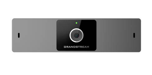 Frontansicht eines Grandstream-Videotür-Gegensprechanlagengeräts mit Kameraobjektiv, Statusleuchte und Sprechergitter in einem grau-schwarzen rechteckigen Bedienfeld.