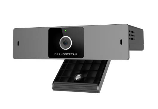Graue Grandstream-Videokonferenzkamera mit Objektiv, Statusleuchte und verstellbarer Montagebasis auf weißem Hintergrund.