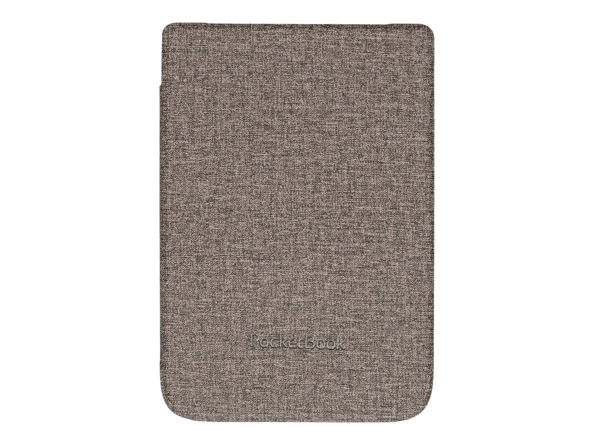 Grauer strukturierter Stoff-Notebook-Sleeve oder Tablet-Hülle mit abgerundeten Ecken und einem kleinen geprägten Logo in der Nähe des unteren Endes