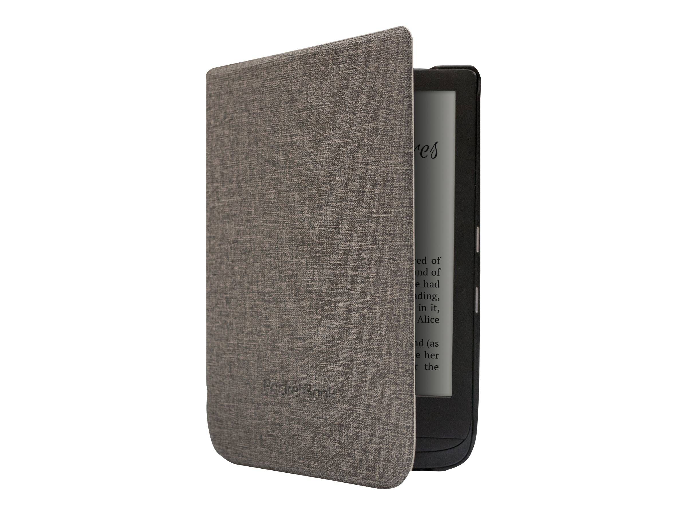 Grauer Stoff-E-Reader-Schutzumschlag, teilweise offen, zeigt einen schwarzen E-Reader im Inneren.