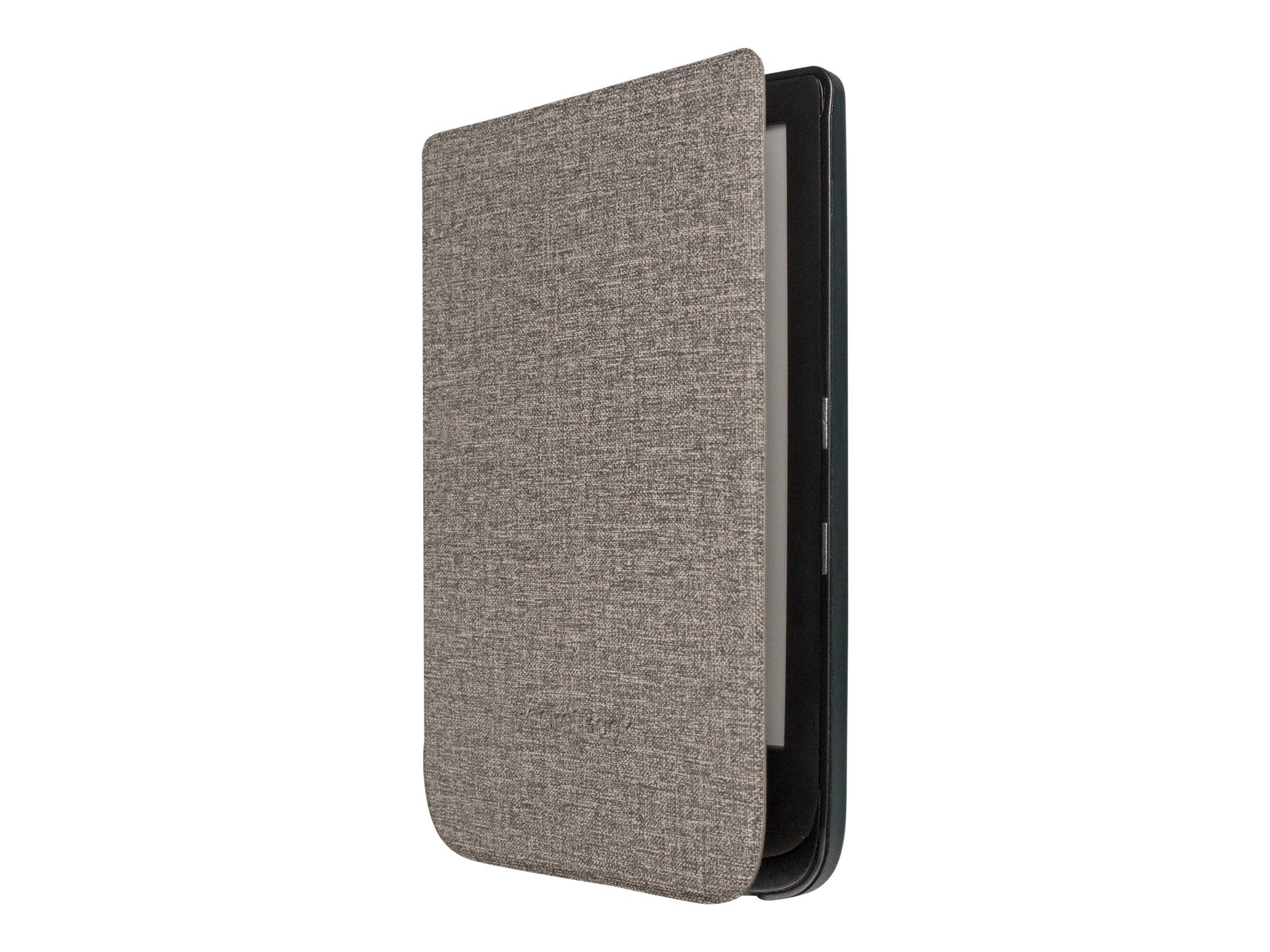 Ein graues Stoff-Laptop-Futteral oder Tablet-Etui, geschlossen auf weißem Hintergrund dargestellt.