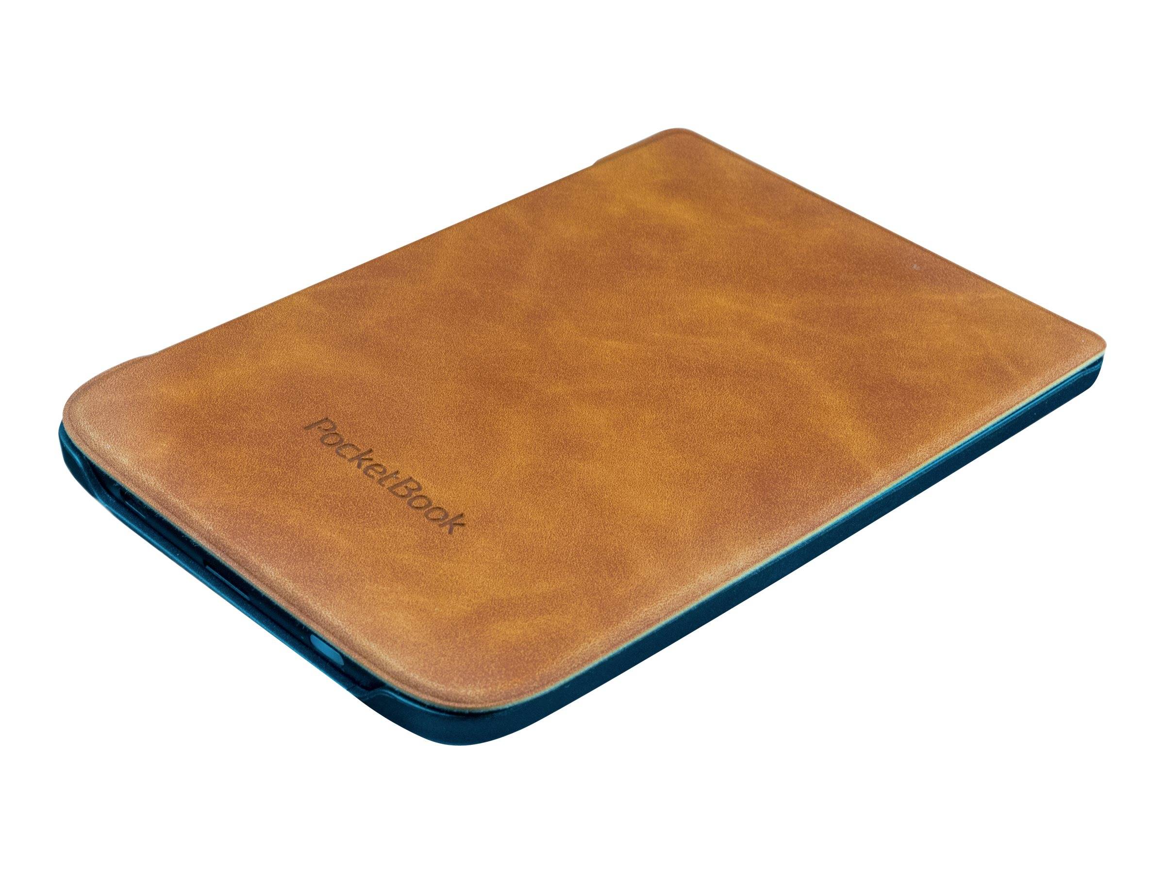 Braunes Leder-Tabletthülle im Folio-Stil mit blauer Verzierung, geschlossen auf weißem Hintergrund dargestellt.