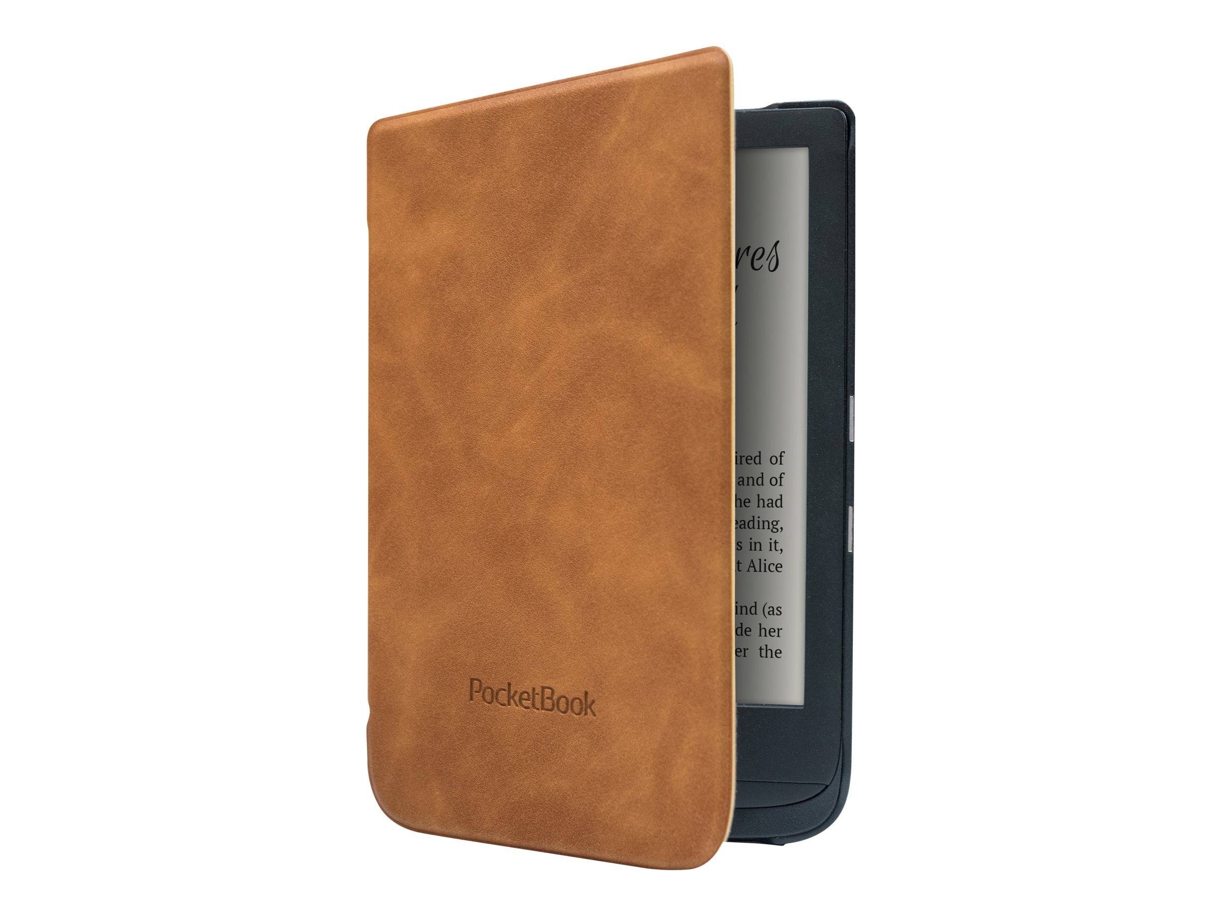 Brown PocketBook e-Reader in einer lederstil-Schutzhülle, teilweise offen mit sichtbarem Bildschirm hinter der vorderen Klappe.