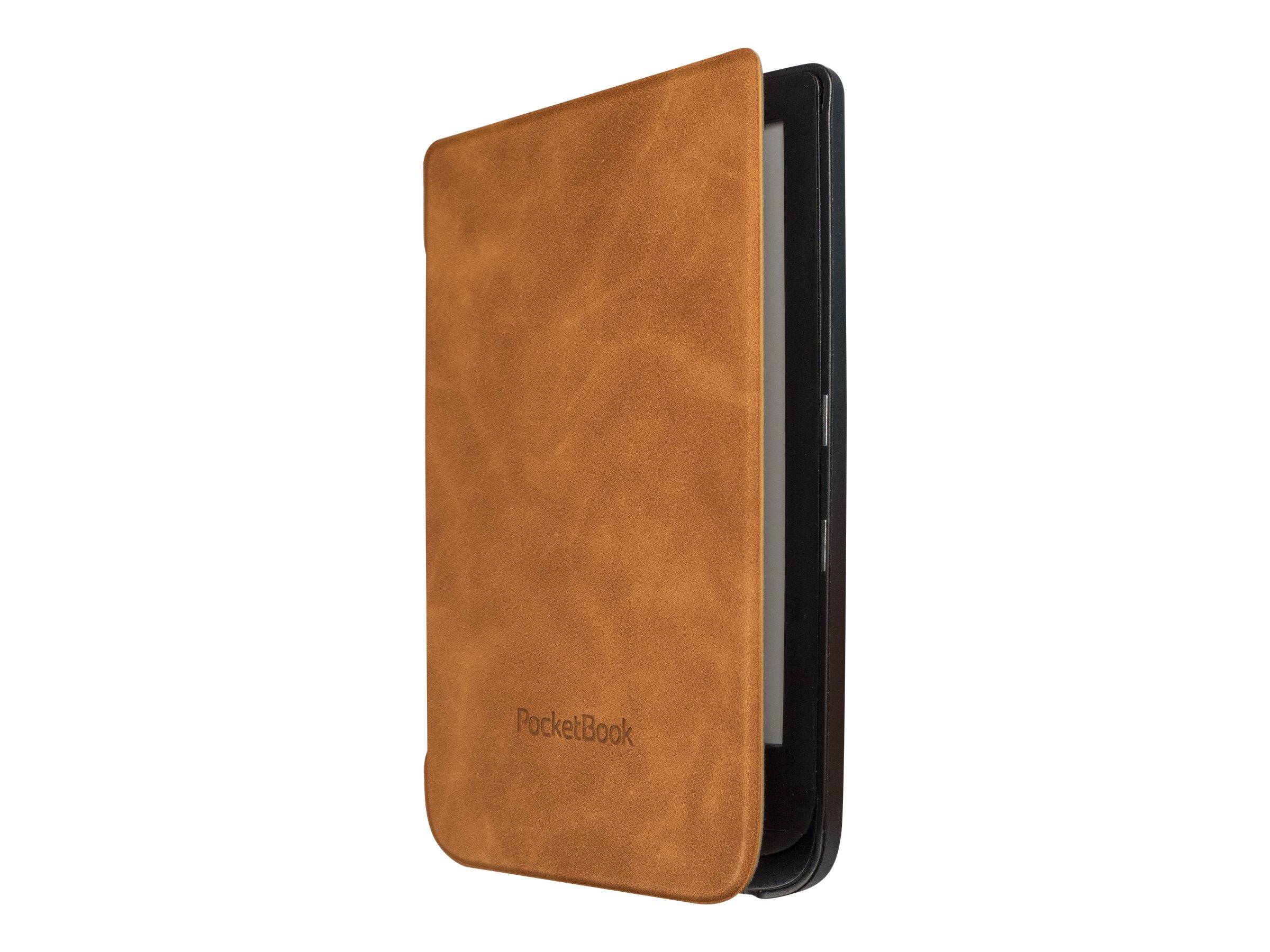 Braunes Ledertaschenset für einen PocketBook E-Reader, teilweise geöffnet mit dem Gerät im Inneren auf weißem Hintergrund.