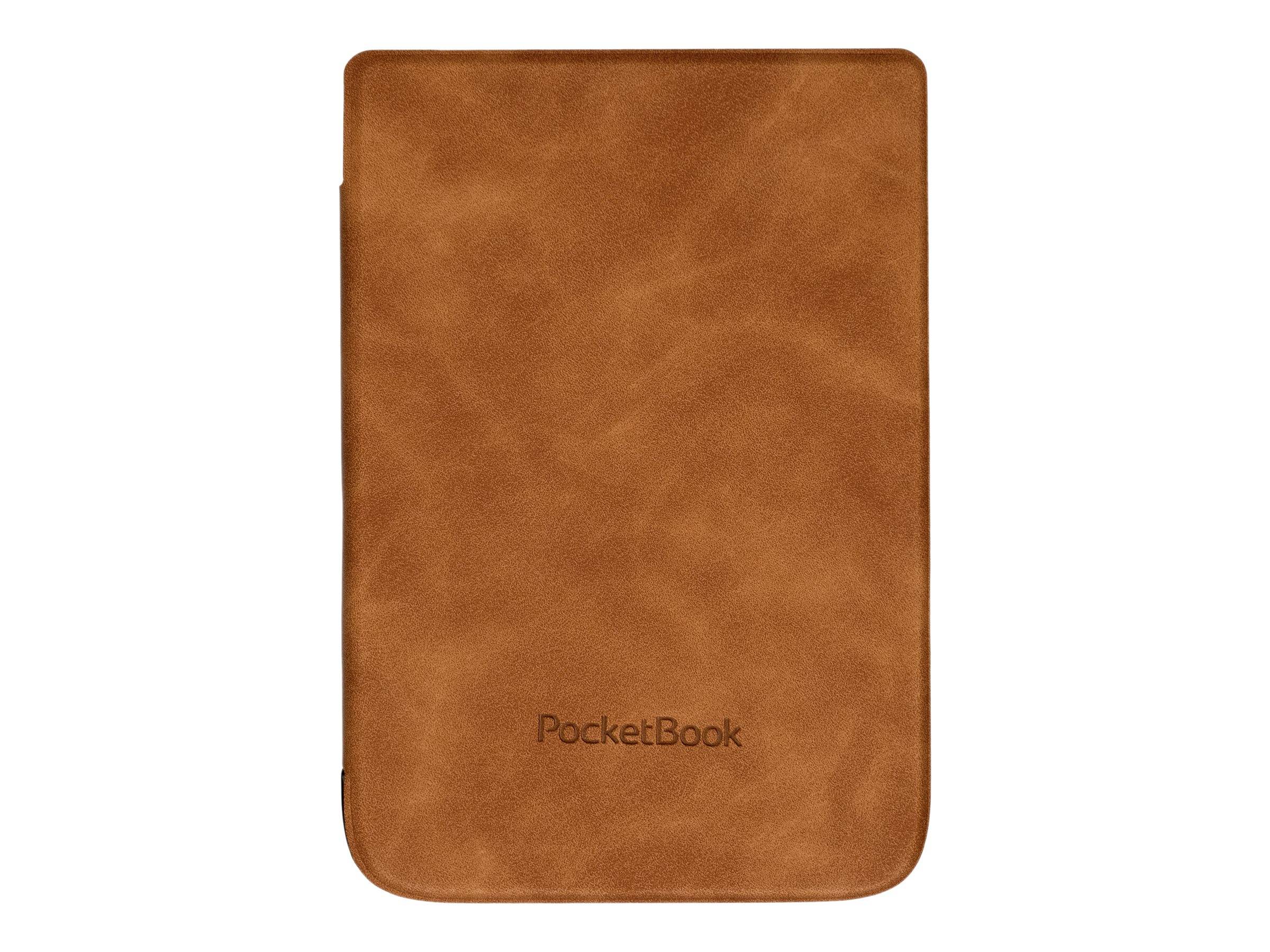 Geschlossener brauner PocketBook e-Reader in einem lederähnlichen Umschlag, Vorderansicht auf weißem Hintergrund gezeigt.