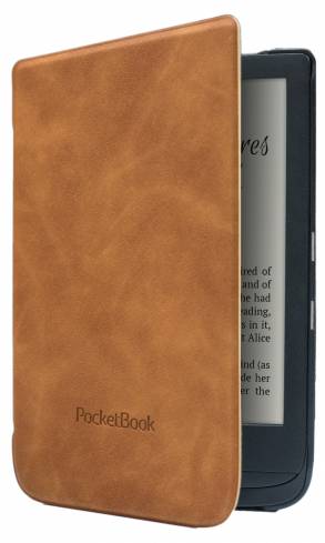 Braunes Leder-PocketBook E-Reader-Schutzhülle, teilweise geöffnet, mit einem schwarzen E-Reader im Inneren.