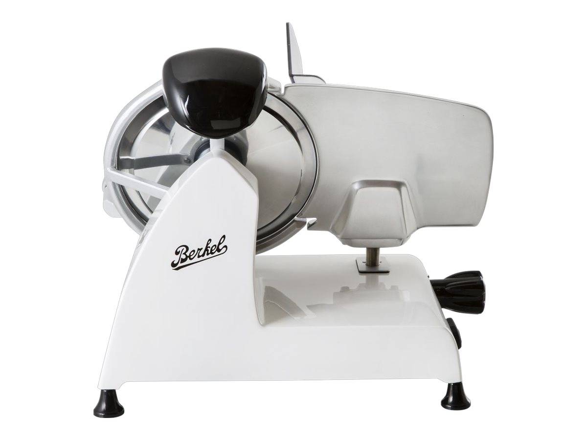 Berkel-Aufschnittmaschine mit Klinge aus Edelstahl, weißem Gehäuse und schwarzem Griff, die ein klassisches und industrielles Design zeigt.
