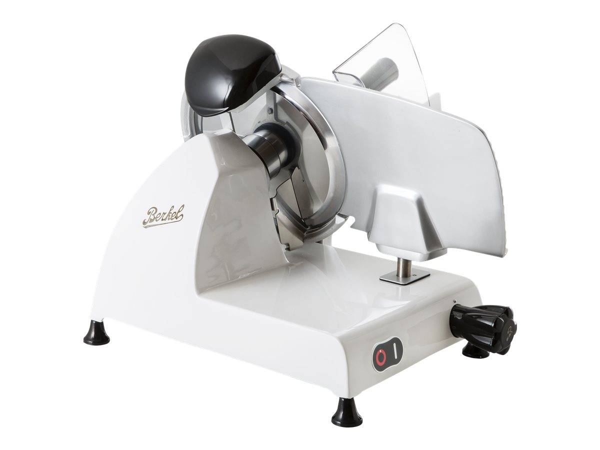 Ein Aufschnittmaschine mit einer Klinge aus Edelstahl, Einstellknopf und Sicherheitsabdeckung. Der Markenname 'Berkel' ist seitlich sichtbar.