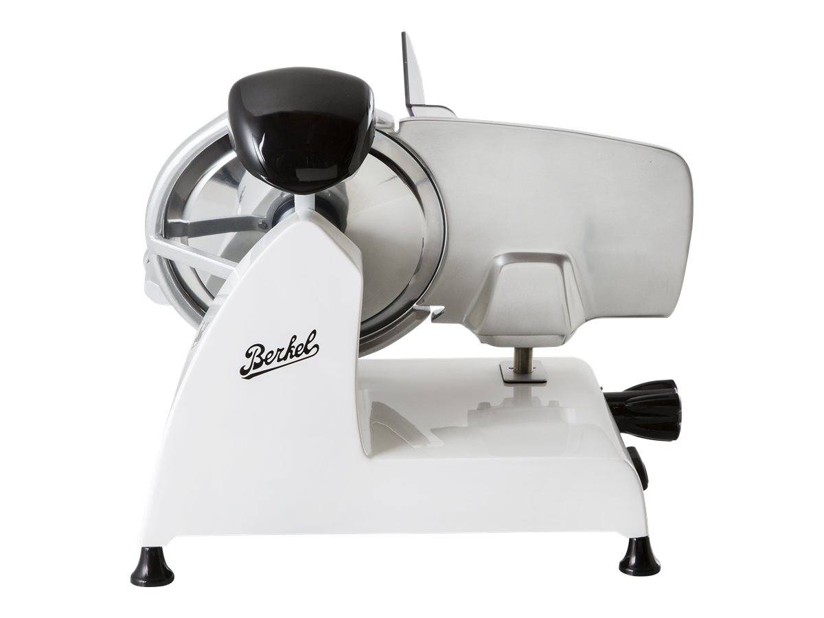 Eine weiße und schwarze Fleischschneidemaschine mit einer kreisförmigen Klinge und einem Griff der Marke 'Berkel', von der Seite betrachtet.