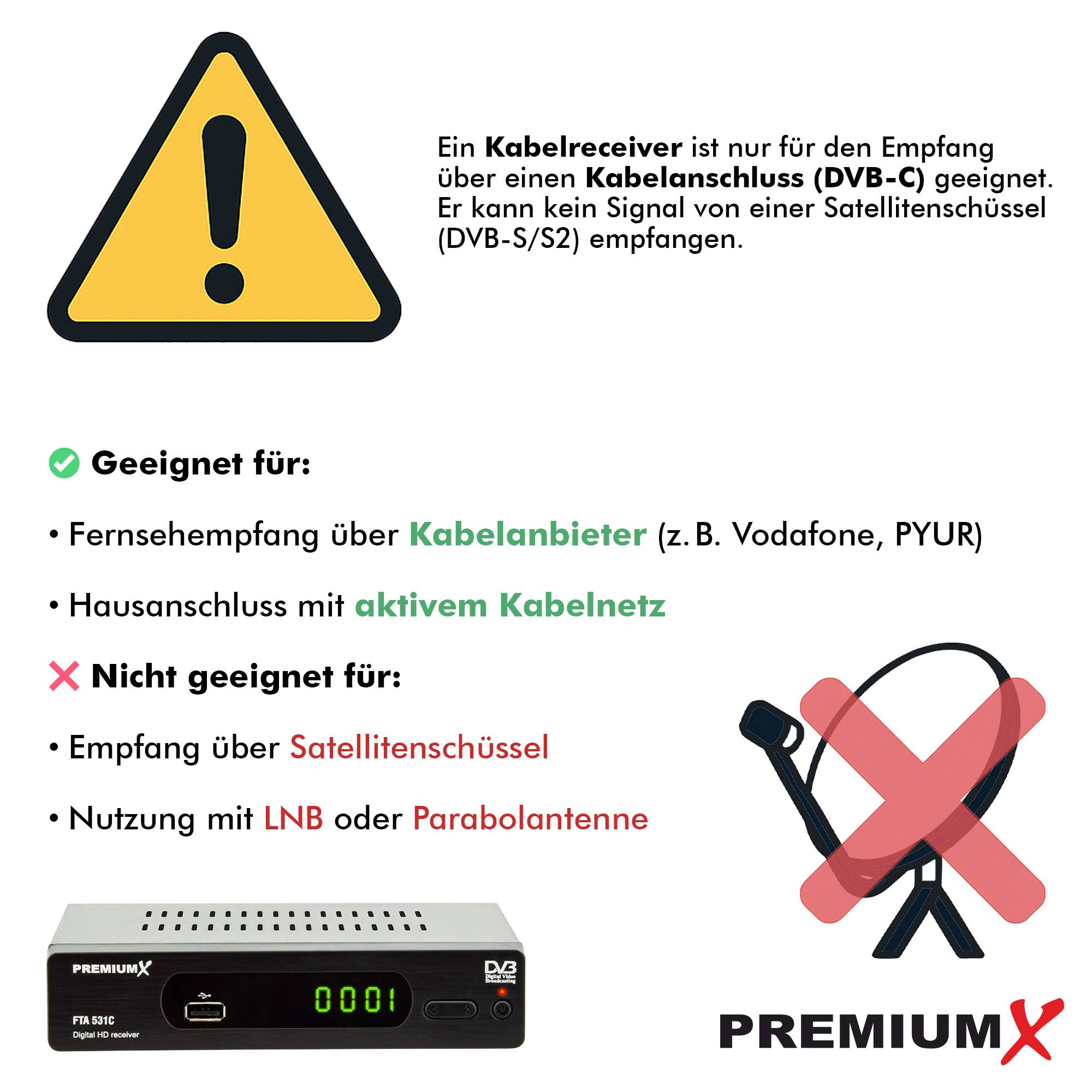 PremiumX Kabelreceiver DVB-C FTA 531C Digital FullHD SCART HDMI USB Mediaplayer, TV-Receiver Kabel-Fernsehen
