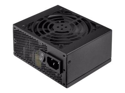 Schwarzes Computernetzteil mit Kühlerlüftergitter und AC-Stromanschluss.
