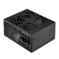 Schwarzes Stromversorgungsgerät für Computer mit Kühlventilator und Wechselstromsockel.