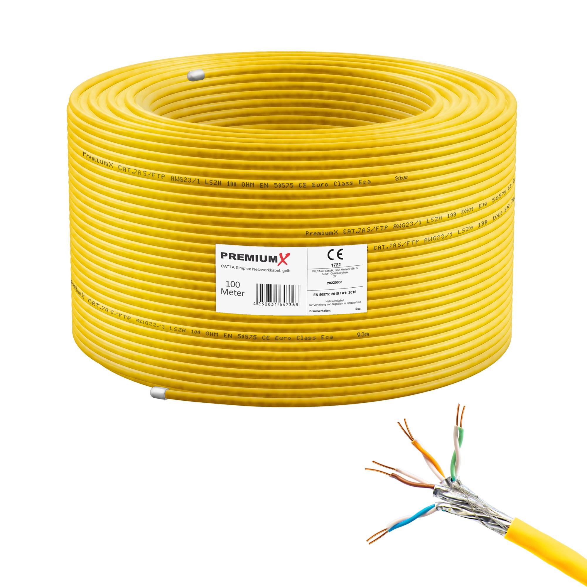 PremiumX 100m CAT 7A Netzwerkkabel Simplex LAN-Kabel Verlegekabel Ethernet Kupfer Datenkabel AWG 23 S/FTP PiMF PoE Eca Cat7A 1200 MHz